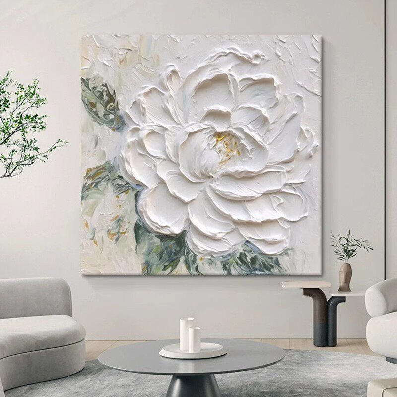 奶油风白牡丹花卉厚肌理手绘油画客厅花开富贵装饰画玄关方形挂画