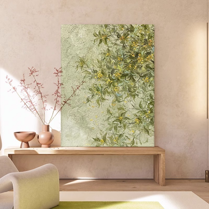 桂花纯手绘油画客厅装饰画绿植花卉玄关挂画手工丙烯石英砂肌理画图片