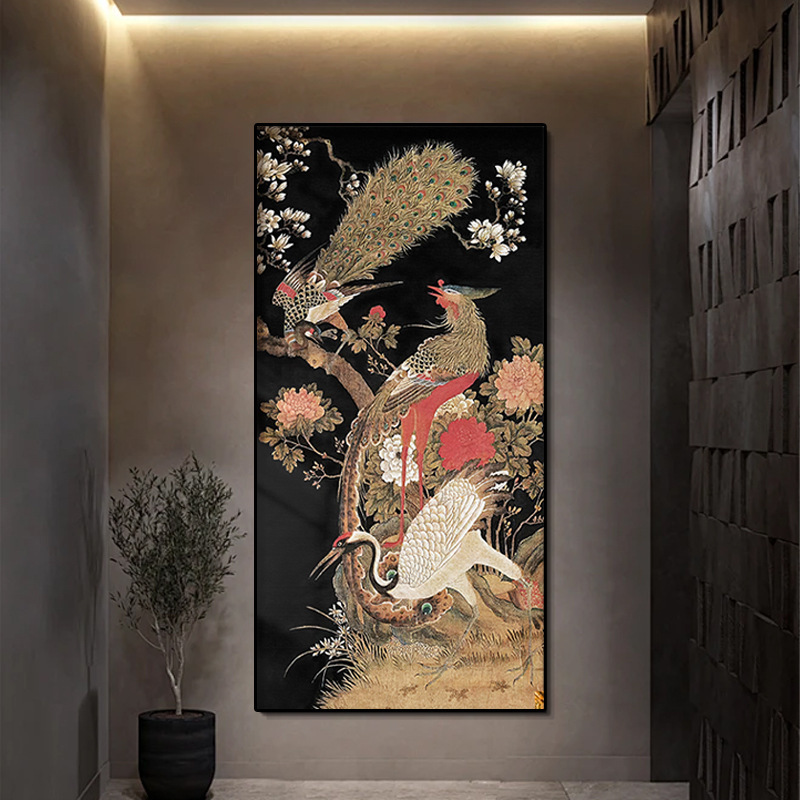 新中式金孔雀玄关装饰画高级感走廊过道竖版挂画酒店客厅大气墙画图片