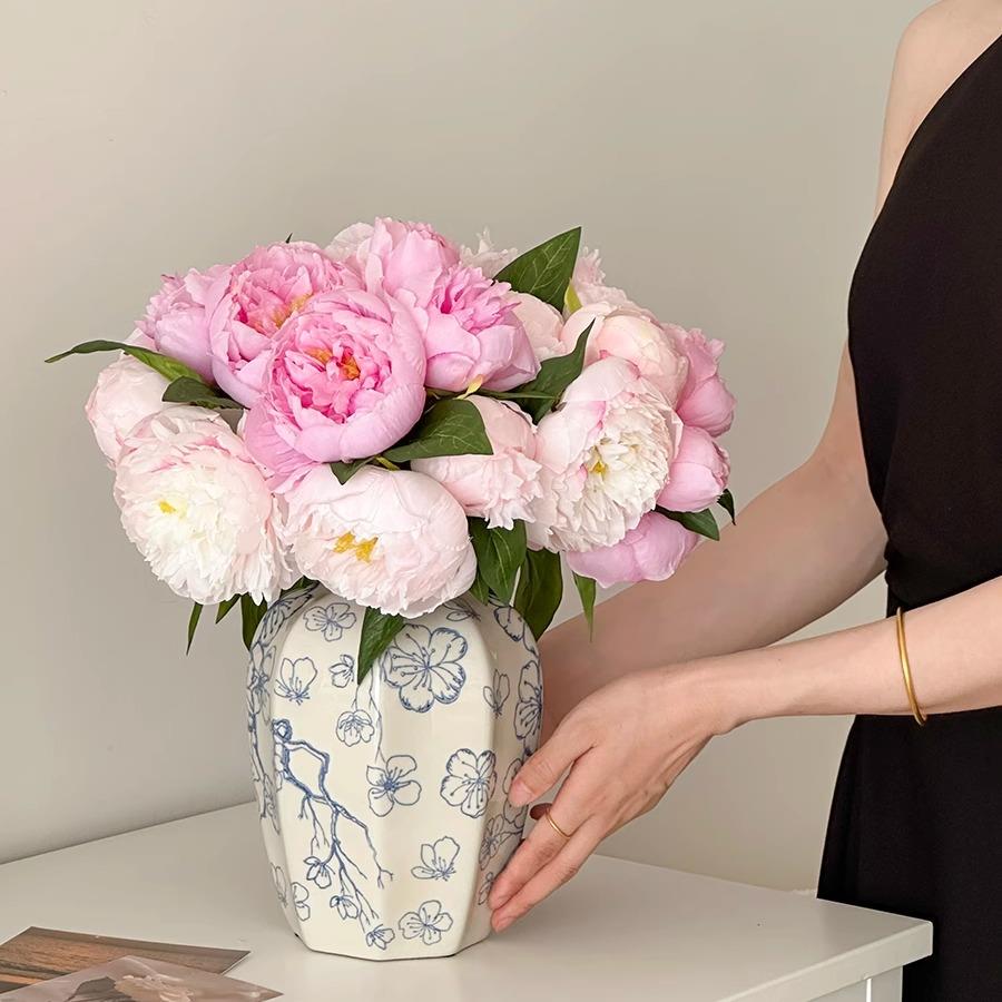 芍药假花仿真花新中式高级感青花瓷陶瓷花瓶摆件摆设仿生花束插花