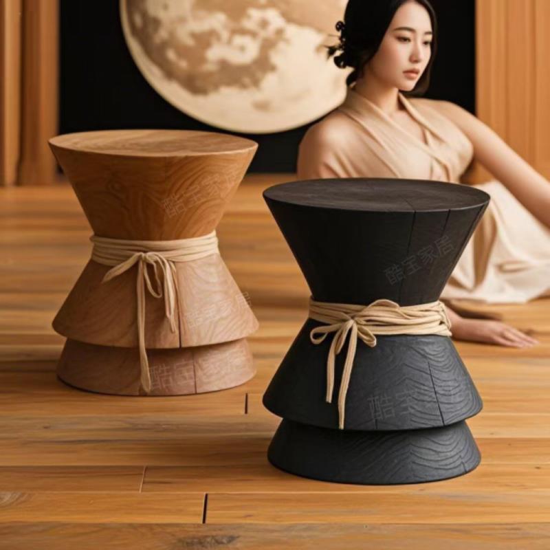 侘寂风边几沙发茶几碳化圆形木墩凳子设计师原木民宿简约装饰摆件