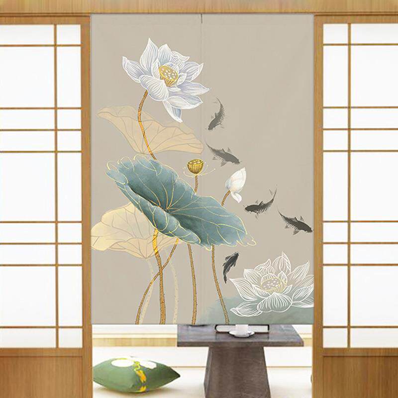 门帘荷花免打孔棉麻布艺厕所短帘家用隔断帘魔术贴卧室半截遮挡帘