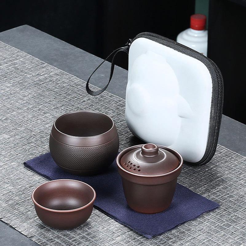 紫砂旅行茶具套组简易陶瓷快客杯户外露营紫陶泡茶壶茶杯可携式收