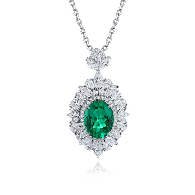 s925纯银镶嵌培育赞比亚祖母绿项链女主石：2.12ct 副石：2.67ct