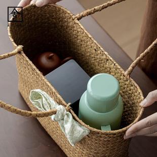 旅行茶具闷茶壶家用女士茶具茶杯紫砂壶户外大容量便携竹编手提篮