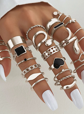 欧美金属黑色滴胶爱心方形戒指27件套法式复古几何开口戒指套装批