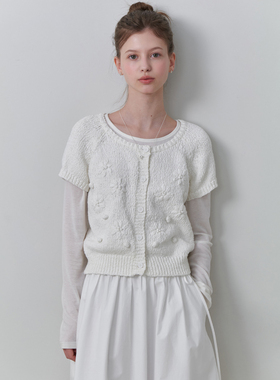 RE_L2025新款针织短袖开衫女韩版百搭刺绣钩花花朵T恤女夏上衣