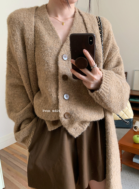一丸yvon毛衣开衫外套女慵懒风小个子针织马甲两件套套装2023新款