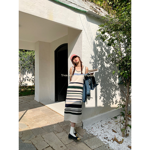 法式无袖针织条纹连衣裙女2023年新款高级感显瘦气质小个子背心裙