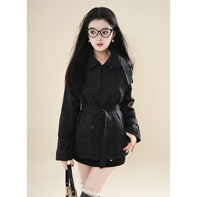 纯欲风复古双排扣风衣女春秋新款小个子高级感黑色收腰短款外套