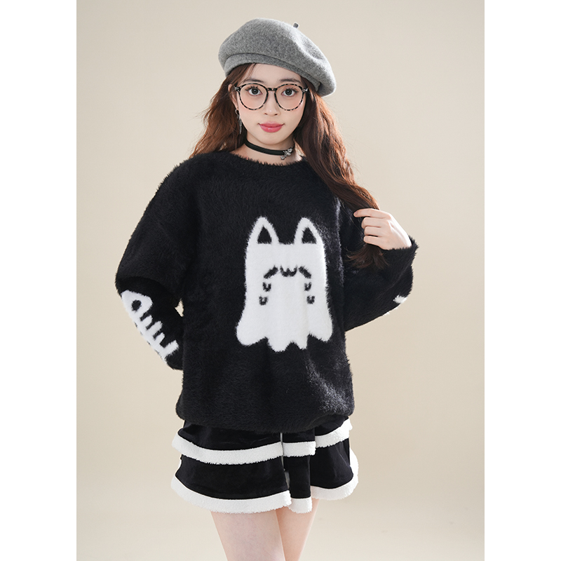幽灵猫猫黑色毛衣宽松保暖毛茸茸圆领上衣+短裙冬季2025新款套装