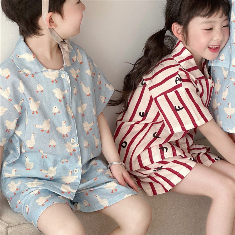 25新儿童夏季男家居服A纱布印花短裤夏季薄款套装睡衣短袖女童
