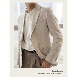 外套意式 大码 西装 男英伦复古修身 潮 胖子男亚麻料轻薄透气休闲西装