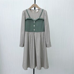 C2025春季新品 假两件拼接连衣裙女复古小众森系棉布长裙7309