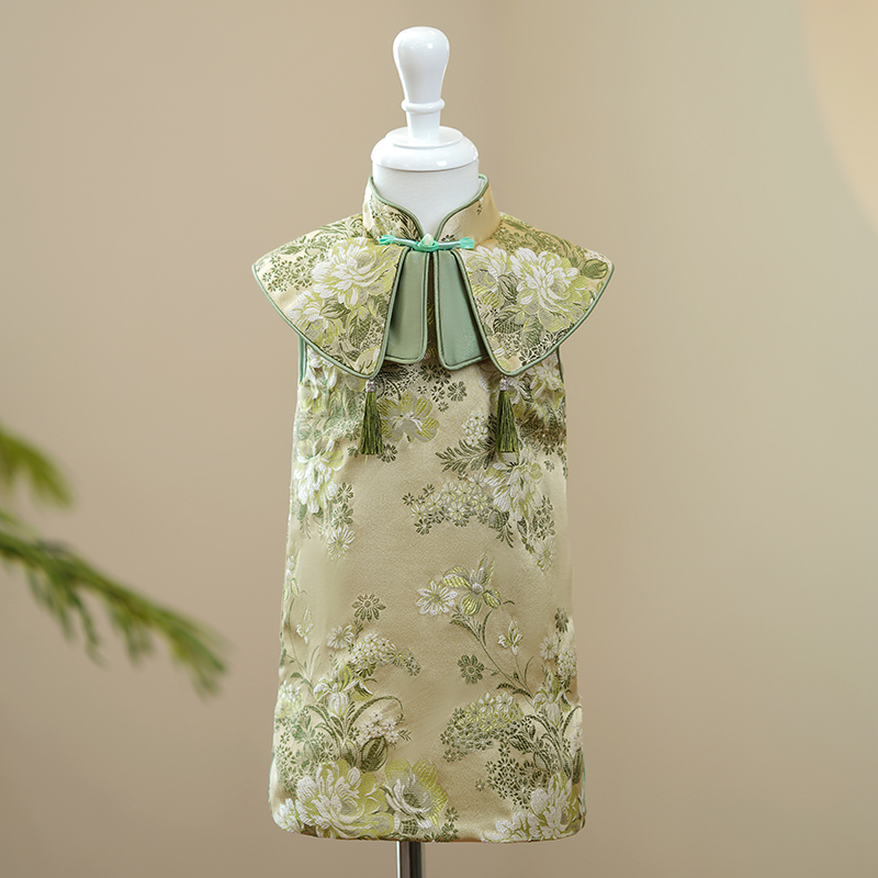 新款女童旗袍夏季国潮中式周岁礼服女宝宝抓周儿童唐装连衣裙绿色