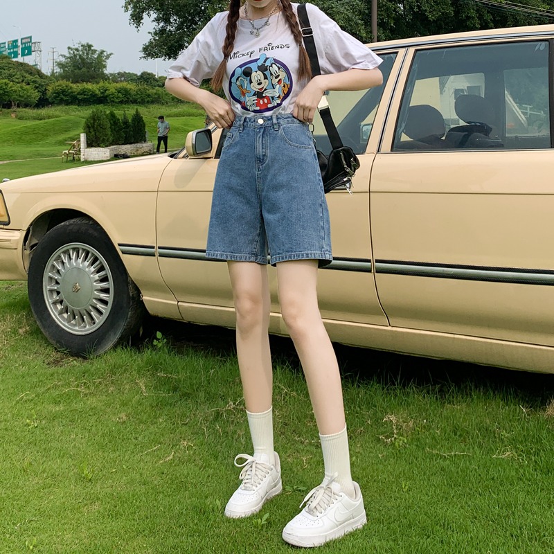 复古五分牛仔短裤女夏季2023新款高腰直筒阔腿裤百搭宽松5分中裤