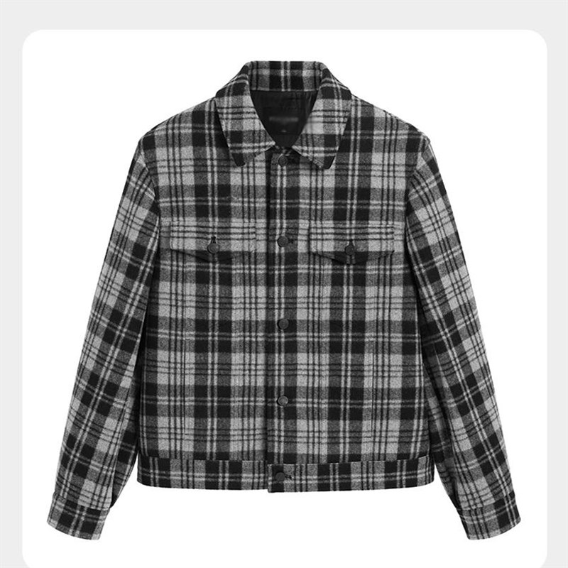 2024秋冬男士斯方复古灰格纹羊毛呢夹克工装宽松短大衣外套潮 i6