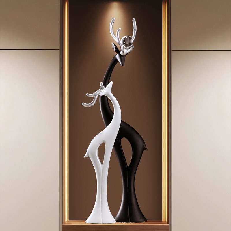 黑白鹿入户玄关装饰大摆件轻奢高档客厅电视柜壁龛竖高细长工艺品