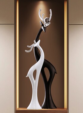 黑白鹿入户玄关装饰大摆件轻奢高档客厅电视柜壁龛竖高细长工艺品