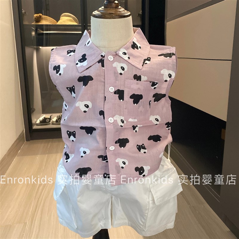 韩版男童夏季套装无袖衬衫短裤两件套宝宝时髦洋气婴儿背心夏装潮