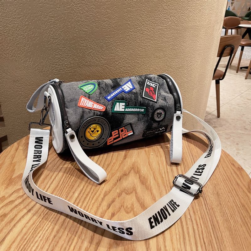 牛仔包包女2022新款时尚腰包斜挎包圆筒包帆布包休闲水桶包女包潮