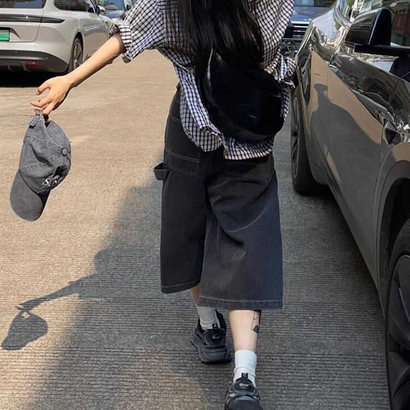 大码美式复古水洗做旧阔腿牛仔短裤设计感高街工装宽松显瘦七分裤