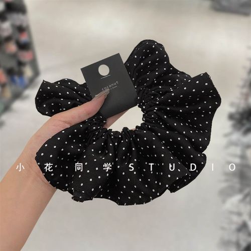 韩国发饰2024新款黑色米白色缎双层木耳边圆点波点发圈大号大肠圈