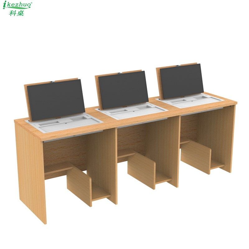 学校机房双人翻转电脑桌 隐藏式电脑桌嵌入式电脑桌 显示屏翻转桌