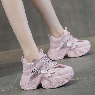真皮内增高女士松糕休闲鞋 2024夏网红爆款 女款 粉色单网炸街老爹鞋
