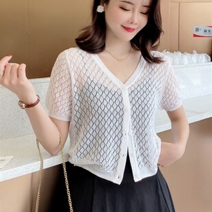 夏季冰丝针织开衫女短袖白色防晒上衣短款空调衫薄款吊带外搭罩衫