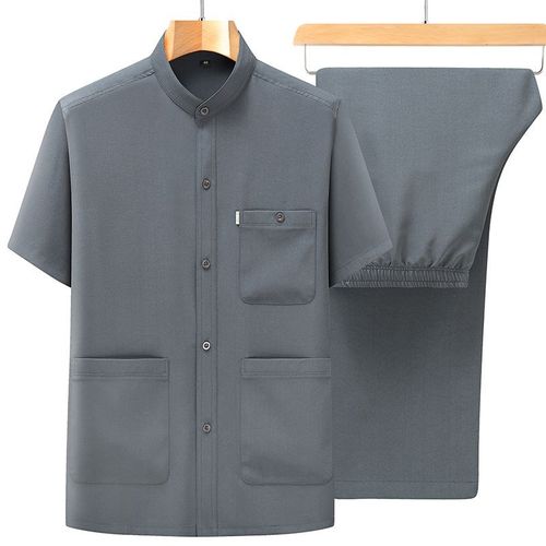 爸爸夏季短袖衬衫男士衬衣上衣服休闲套装中老年国风男装两件套