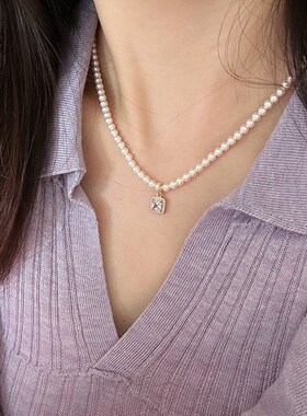 方糖锆石吊坠珍珠项链女轻奢小众高级感锁骨链秋冬毛衣链颈链配饰