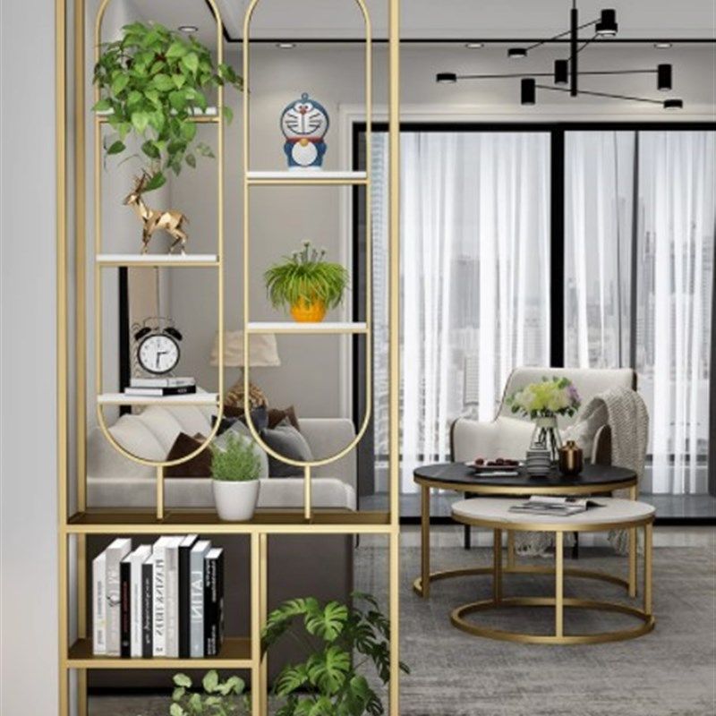 北欧不锈钢铁艺现代简约入户镂空客厅玄关实木屏风酒架隔断置物架