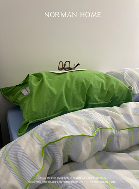 他夏了夏天/ins风条纹水洗棉床上四件套纯棉全棉床单被套床笠床品