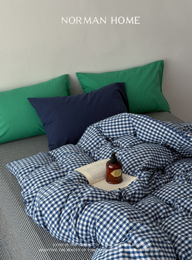 蓝屿青野/复古格子全棉水洗棉床上四件套纯棉床单被套床笠床品