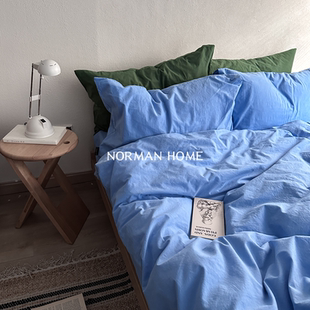 蓝色大海 ins纯色水洗棉床上四件套纯棉全棉床单笠被套床品 传说