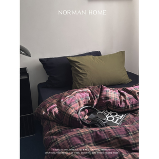 落日西雅图 复古格子40支全棉水洗棉床上四件套纯棉床单被套床品