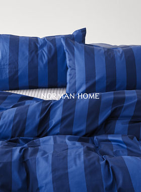 蓝屿/极简条纹克莱因蓝床上四件套纯棉全棉床单笠被套三件套床品