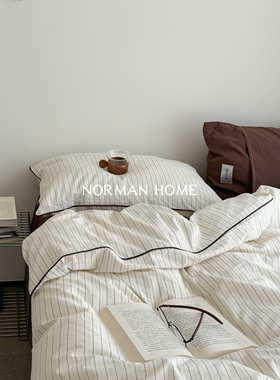 奶咖拿铁/ins条纹色织水洗棉床上四件套纯棉全棉床单被套宿舍床品