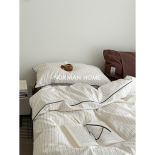 奶咖拿铁 ins条纹色织水洗棉床上四件套纯棉全棉床单被套宿舍床品