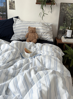 早安莫里/水洗棉床上四件套纯棉全棉床单被套三件套ins条纹床品