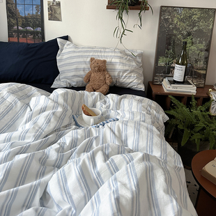 早安莫里 水洗棉床上四件套纯棉全棉床单被套三件套ins条纹床品