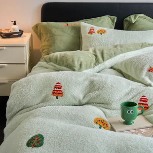 撸猫感可爱卡通牛奶绒床上四件套冬季 被套保暖厚床品 加绒床单新款