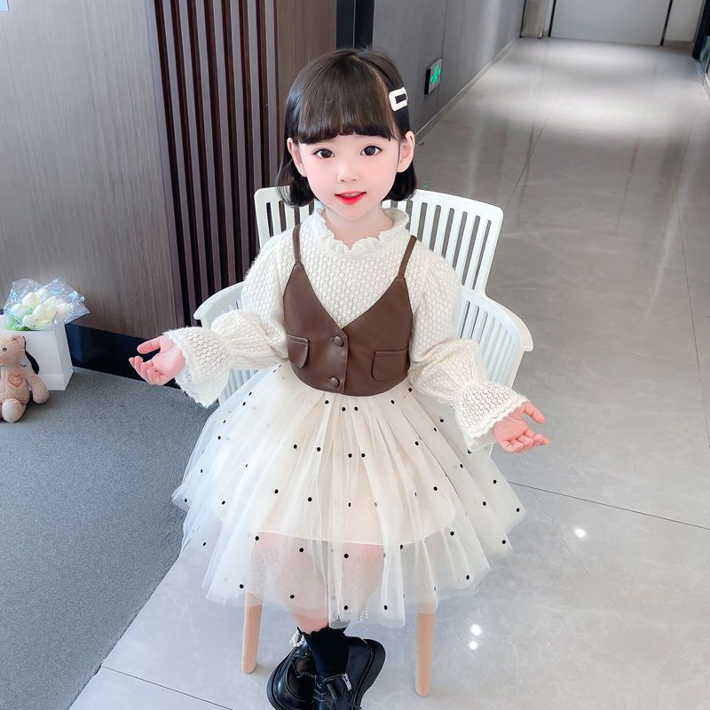 女宝宝连衣裙春秋裙子新款洋气波点公主裙女童皮坎肩裙子两件套潮