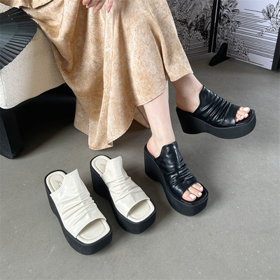 677-18清仓凉拖女夏外穿时尚坡跟拖鞋新款方头轻便厚底增高松糕鞋
