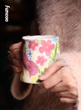FUNCOO原创设计手捏感不规则手绘花朵咖啡水杯陶瓷餐具礼物马克杯