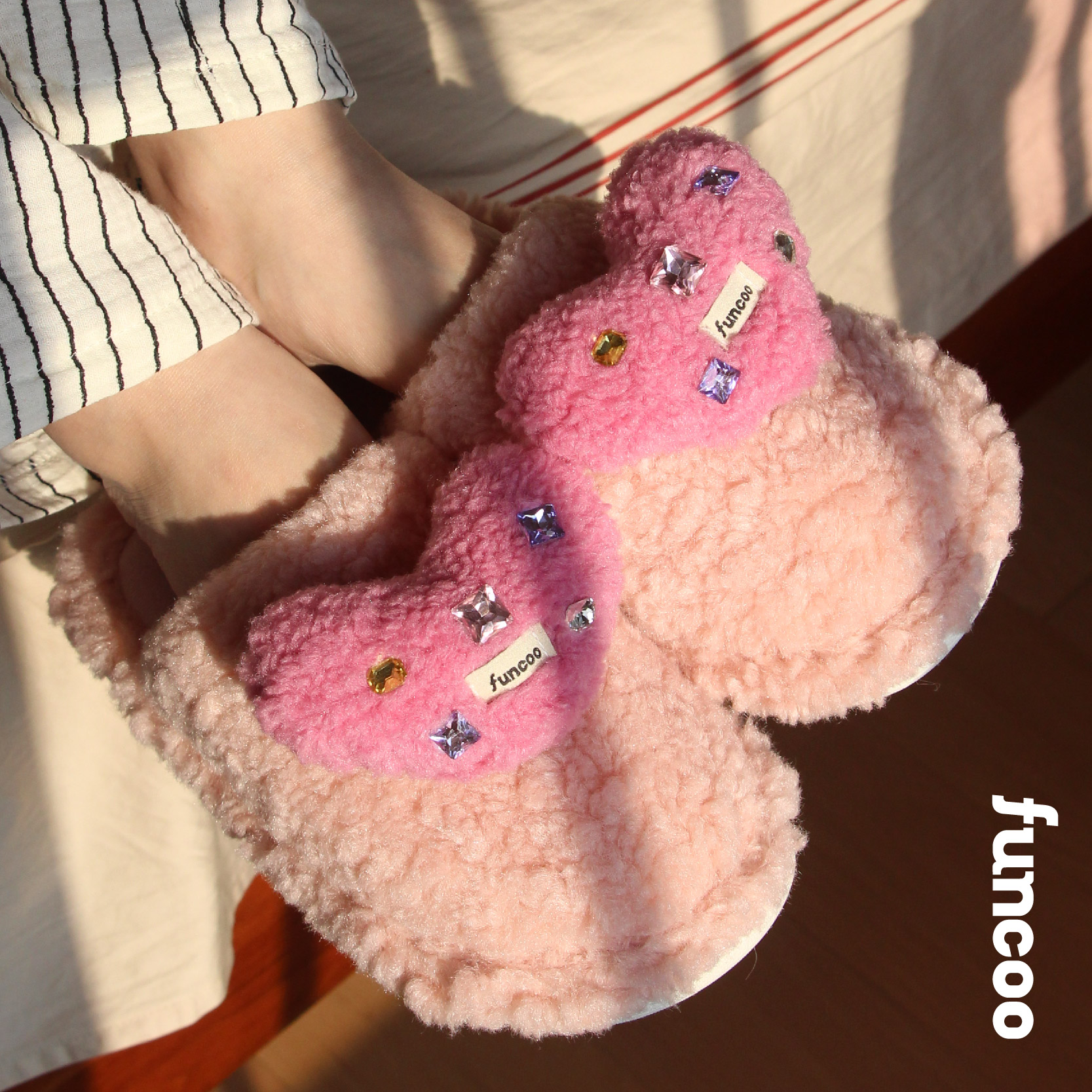 FUNCOO原创设计闪闪爱心绒保暖毛绒家居防滑拖鞋高颜值