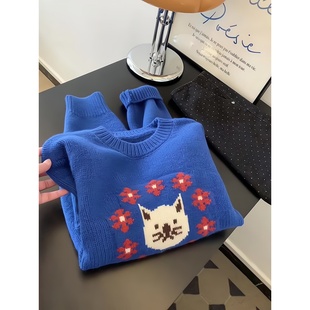超推荐 慵懒风高级感猫咪提花卡通蓝色毛衣 超百搭|2025秋季 新款