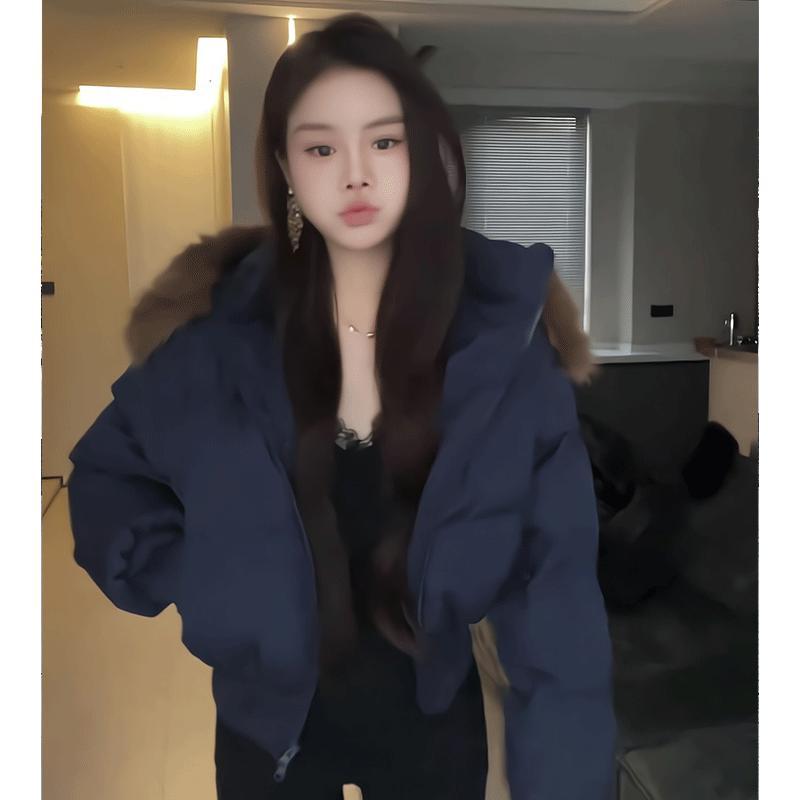 藏青连帽毛领羽绒服短款加厚