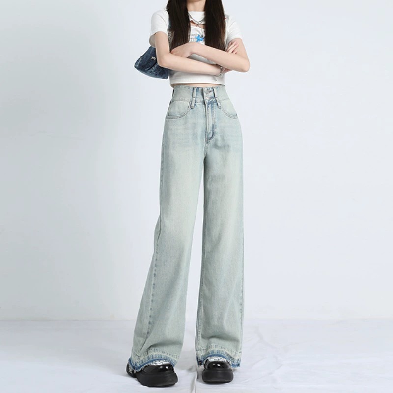 胖mm直筒牛仔裤毛边大码梨型身材